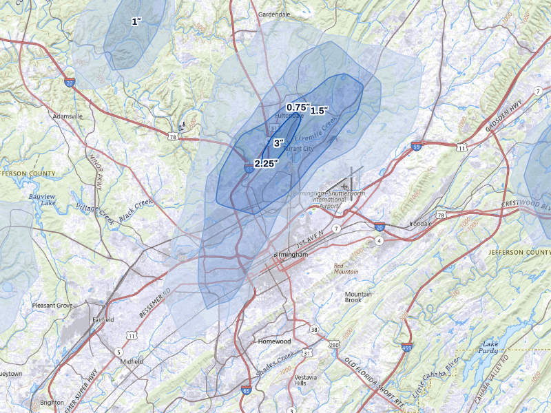 NEXRAD radar-signature map of the hail storm over Birmingham, AL on Sep 21, 2026