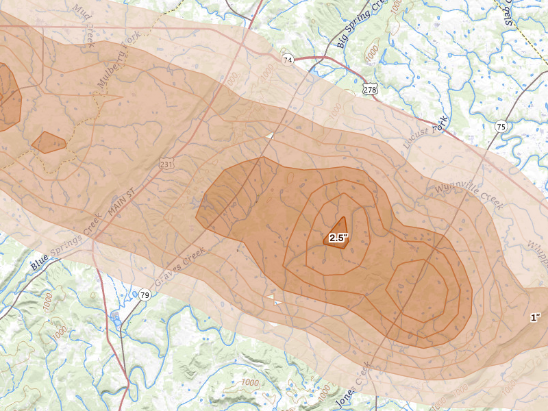 Radar-estimated hail-size map of the storm over Blountsville, AL on Feb 26, 2026