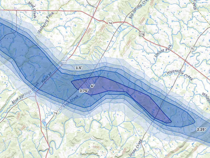 NEXRAD radar-signature map of the hail over Blountsville, AL