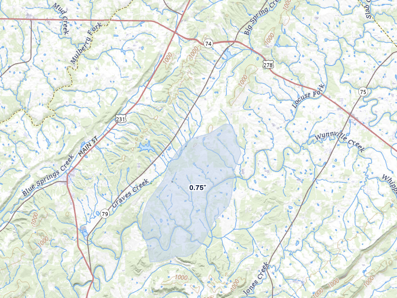 NEXRAD radar-signature map of the hail over Blountsville, AL