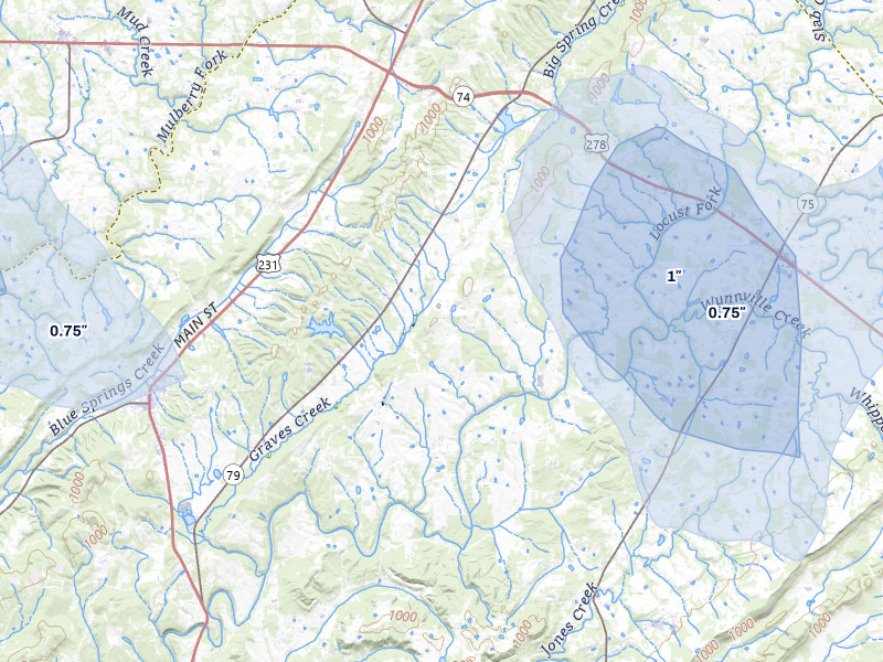 NEXRAD radar-signature map of the hail over Blountsville, AL