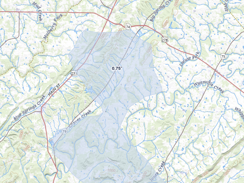 NEXRAD radar-signature map of the hail over Blountsville, AL