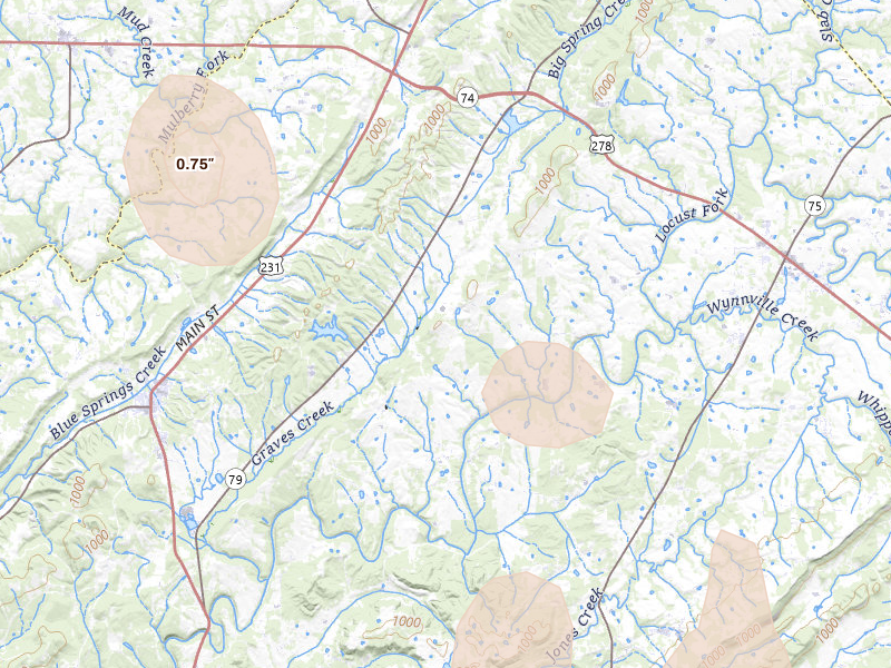 Radar-estimated hail-size map of the storm over Blountsville, AL on Jul 3, 2026