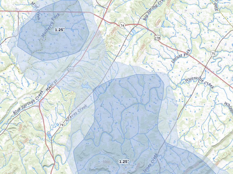 NEXRAD radar-signature map of the hail storm over Blountsville, AL on Jul 3, 2026