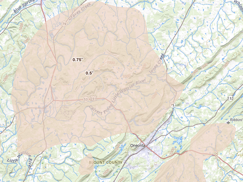 Radar-estimated hail-size map of the storm over Blountsville, AL on Aug 20, 2026