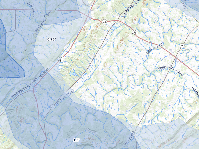 NEXRAD radar-signature map of the hail storm over Blountsville, AL on Aug 20, 2026