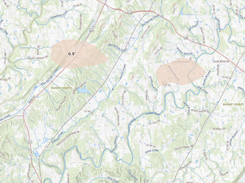 Radar-estimated hail-size map of the storm over Blountsville, AL on Sep 3, 2026