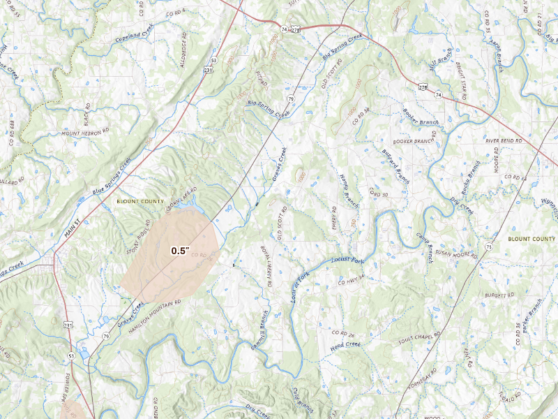 Radar-estimated hail-size map of the storm over Blountsville, AL on Sep 20, 2026