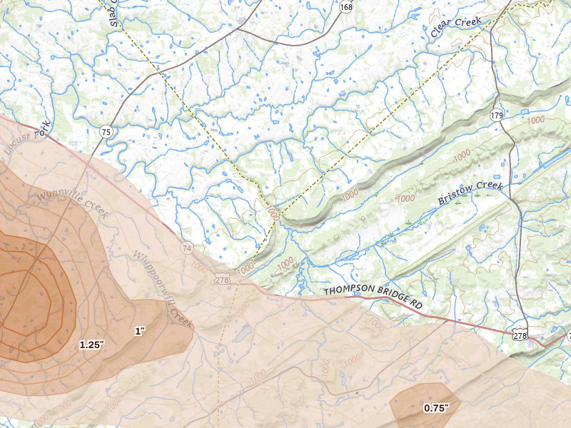 Radar-estimated hail-size map of the storm over Boaz, AL on Feb 26, 2026