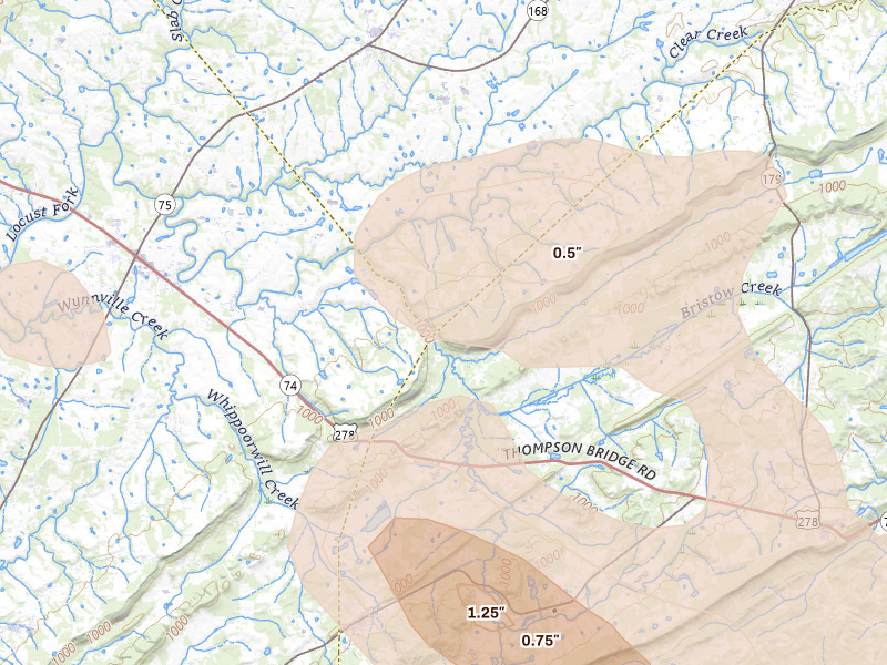 Radar-estimated hail-size map of the storm over Boaz, AL on Jun 1, 2026