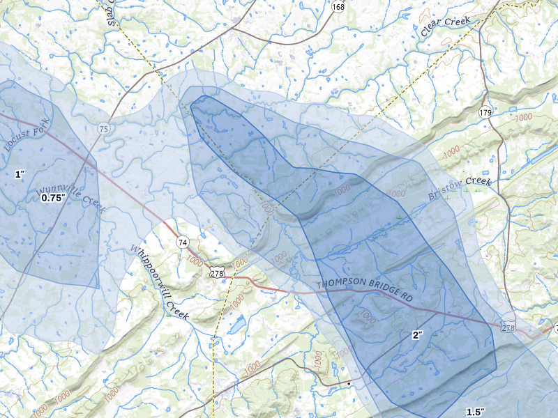 NEXRAD radar-signature map of the hail over Boaz, AL