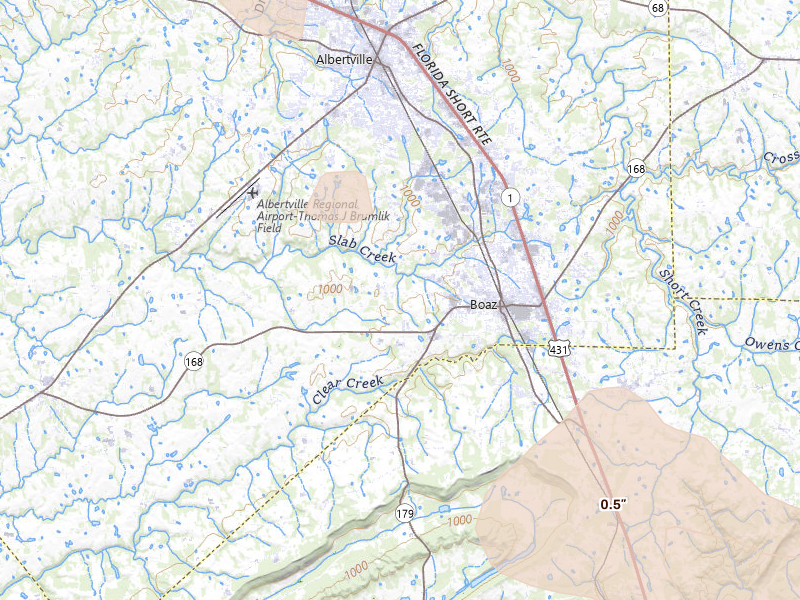 Radar-estimated hail-size map of the storm over Boaz, AL on Aug 11, 2026