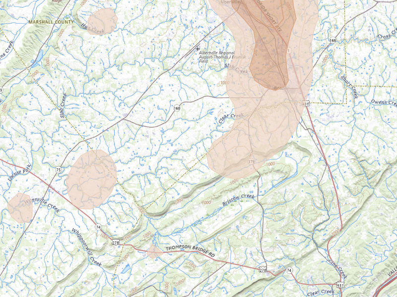 Radar-estimated hail-size map of the storm over Boaz, AL
