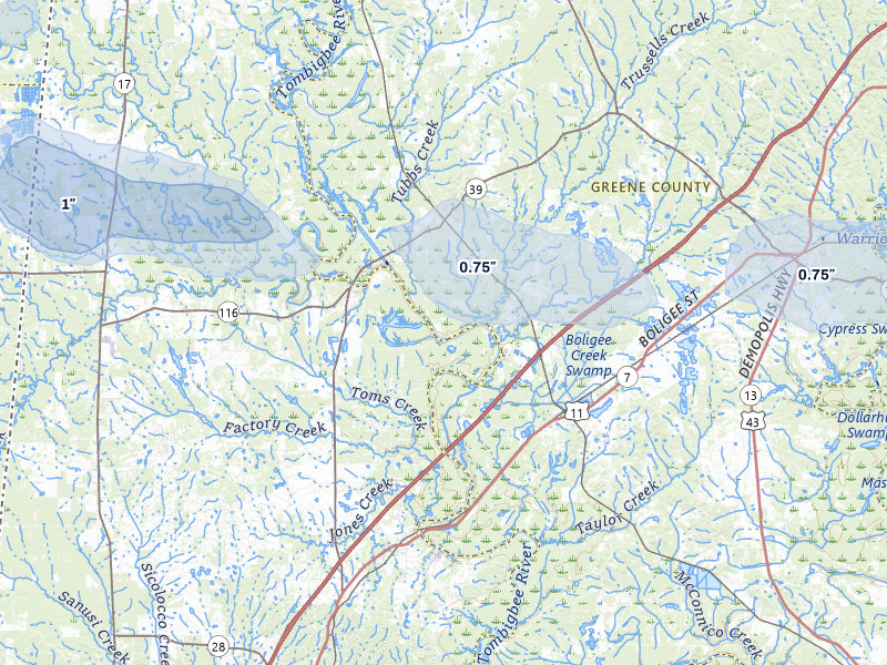 NEXRAD radar-signature map of the hail storm over Boligee, AL on Apr 28, 2026