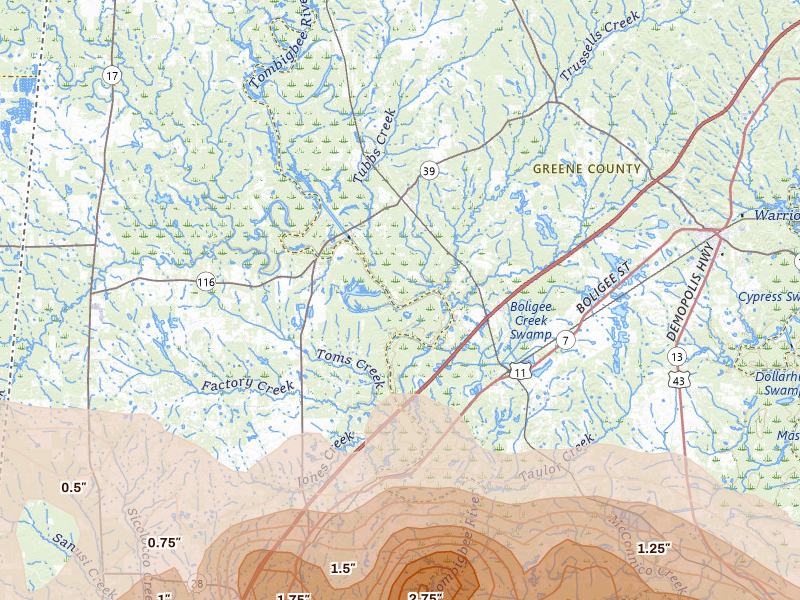 Radar-estimated hail-size map of the storm over Boligee, AL on May 6, 2026