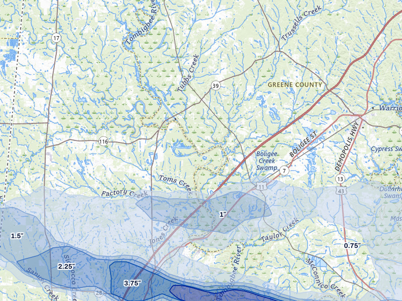 NEXRAD radar-signature map of the hail storm over Boligee, AL on May 6, 2026