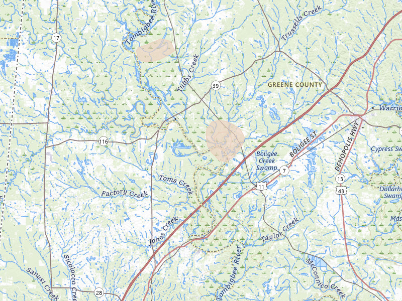 Radar-estimated hail-size map of the storm over Boligee, AL on Jun 1, 2026