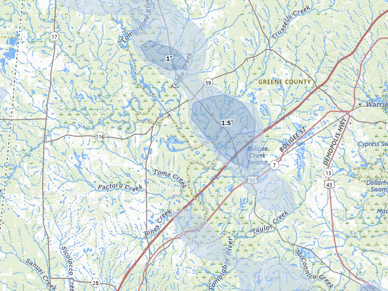 NEXRAD radar-signature map of the hail storm over Boligee, AL on Jun 1, 2026
