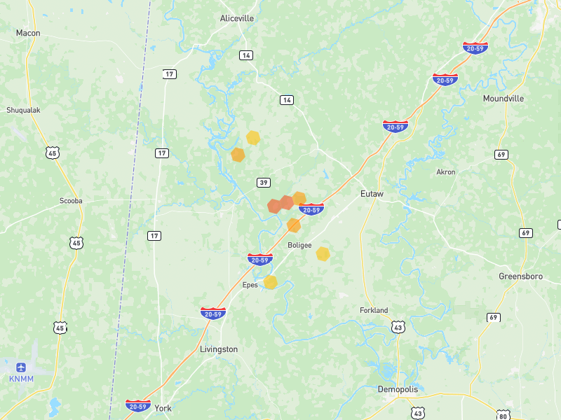 Hail map of Boligee, AL on Jun 1, 2026, hail up to 1.5"
