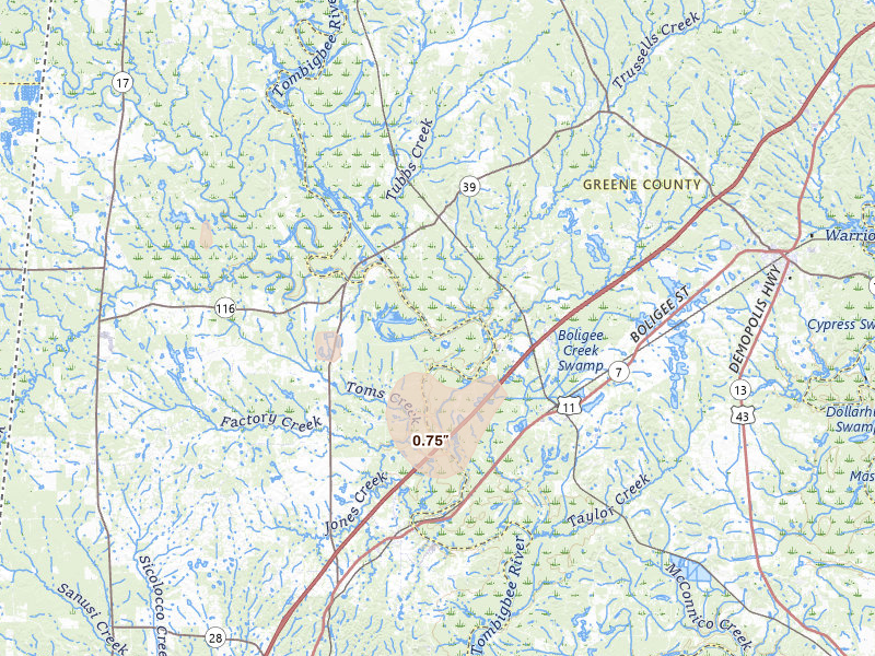 Radar-estimated hail-size map of the storm over Boligee, AL