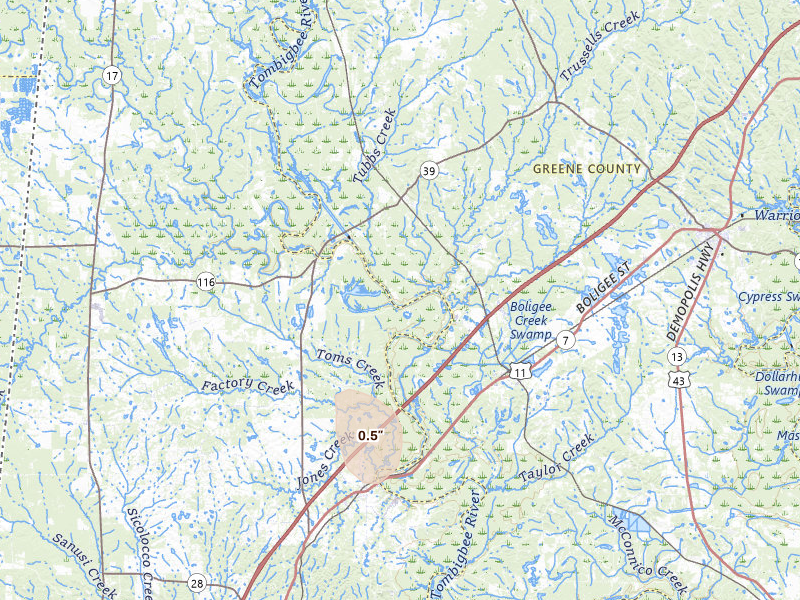 Radar-estimated hail-size map of the storm over Boligee, AL on Jul 30, 2026