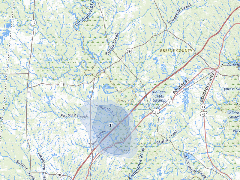 NEXRAD radar-signature map of the hail storm over Boligee, AL on Jul 30, 2026
