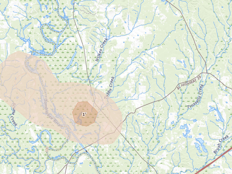 Radar-estimated hail-size map of the storm over Boligee, AL on Aug 18, 2026