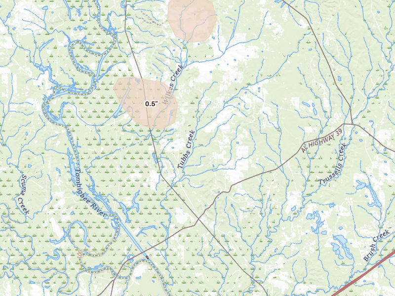 Radar-estimated hail-size map of the storm over Boligee, AL on Aug 20, 2026