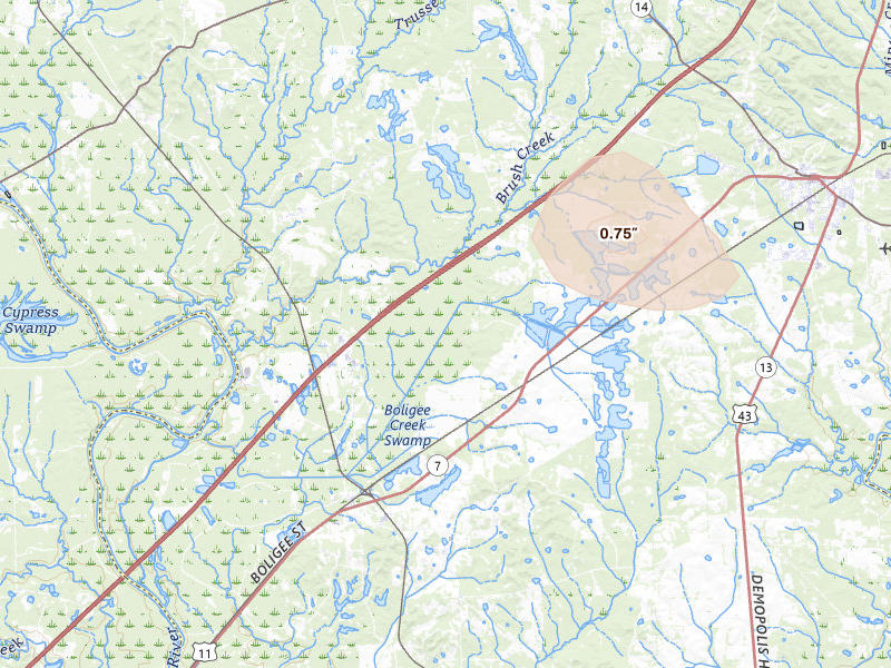 Radar-estimated hail-size map of the storm over Boligee, AL on Aug 26, 2026