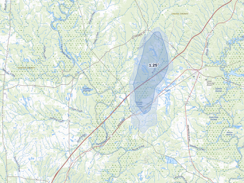 NEXRAD radar-signature map of the hail storm over Boligee, AL on Sep 6, 2026