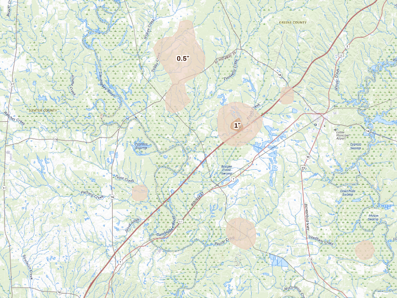 Radar-estimated hail-size map of the storm over Boligee, AL