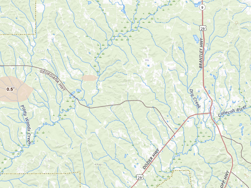 Radar-estimated hail-size map of the storm over Brantley, AL on May 6, 2026