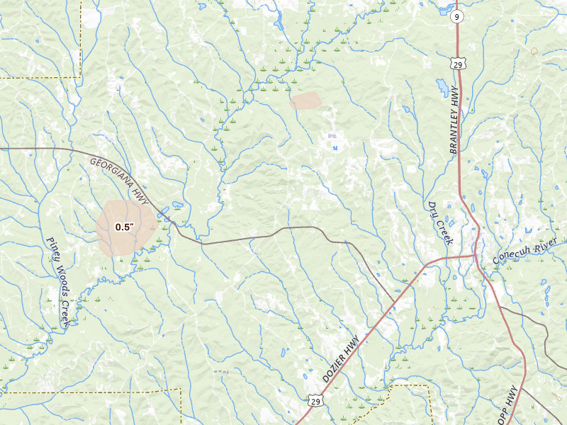 Radar-estimated hail-size map of the storm over Brantley, AL on Jun 22, 2026