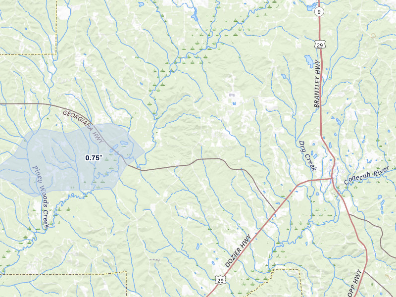NEXRAD radar-signature map of the hail storm over Brantley, AL on Jul 10, 2026
