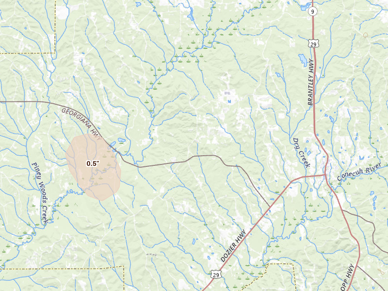Radar-estimated hail-size map of the storm over Brantley, AL on Jul 29, 2026