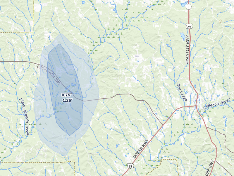 NEXRAD radar-signature map of the hail storm over Brantley, AL on Jul 29, 2026