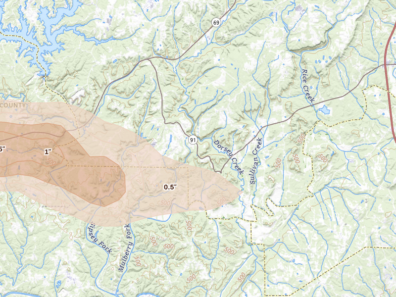 Radar-estimated hail-size map of the storm over Bremen, AL on Feb 26, 2026