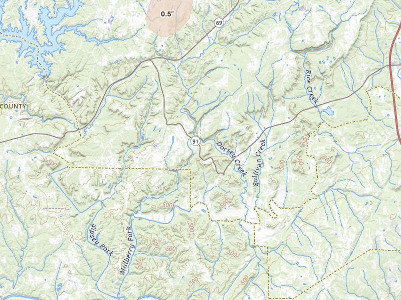 Radar-estimated hail-size map of the storm over Bremen, AL on Jul 3, 2026