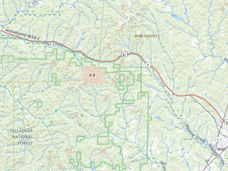 Radar-estimated hail-size map of the storm over Brent, AL on Sep 3, 2026