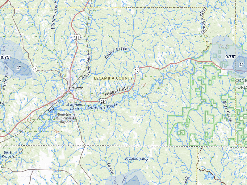 NEXRAD radar-signature map of the hail storm over Brewton, AL on Jun 1, 2026