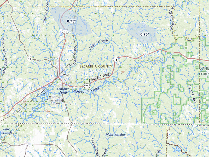 NEXRAD radar-signature map of the hail storm over Brewton, AL on Jul 7, 2026