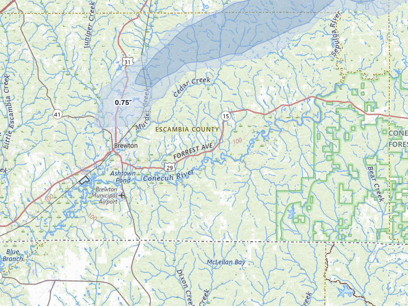 NEXRAD radar-signature map of the hail storm over Brewton, AL on Jul 10, 2026