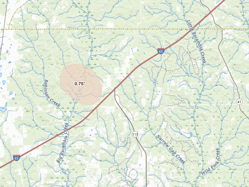 Radar-estimated hail-size map of the storm over Brewton, AL on Aug 8, 2026