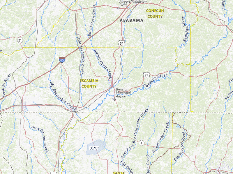 NEXRAD radar-signature map of the hail storm over Brewton, AL on Aug 8, 2026