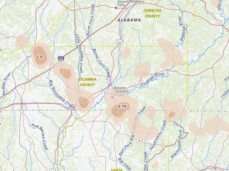 Radar-estimated hail-size map of the storm over Brewton, AL on Aug 18, 2026