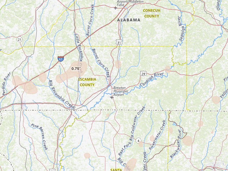 Radar-estimated hail-size map of the storm over Brewton, AL on Aug 19, 2026