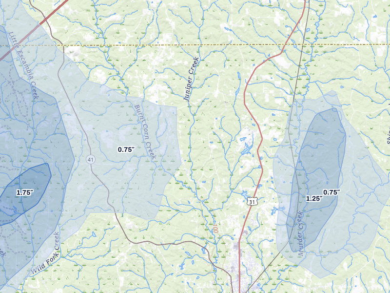 NEXRAD radar-signature map of the hail storm over Brewton, AL on Aug 19, 2026