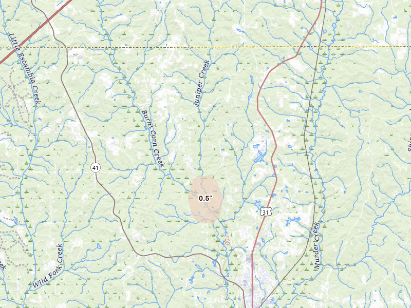 Radar-estimated hail-size map of the storm over Brewton, AL on Aug 20, 2026
