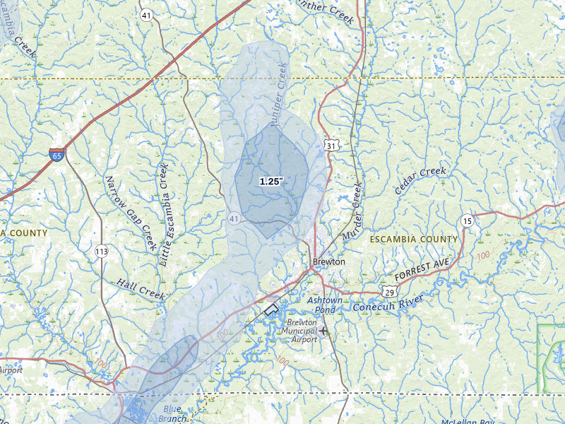 NEXRAD radar-signature map of the hail storm over Brewton, AL on Aug 20, 2026