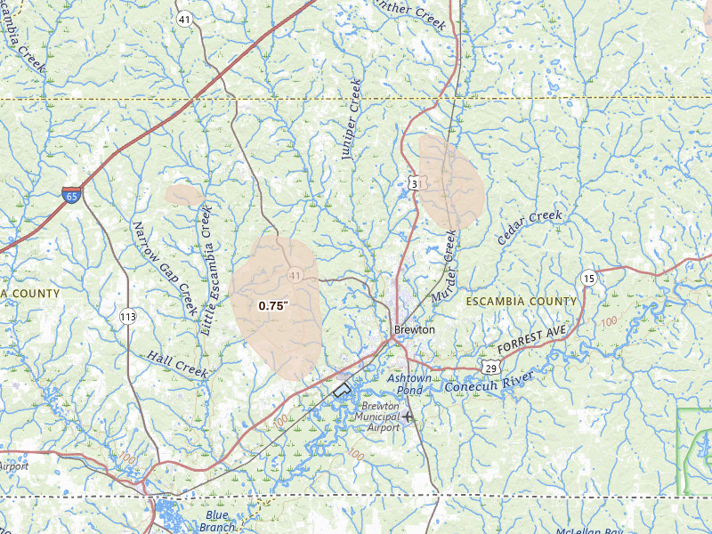 Radar-estimated hail-size map of the storm over Brewton, AL on Aug 21, 2026